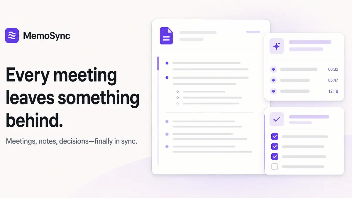 MemoSync product preview showing a shared meeting note, timestamps, and action items.