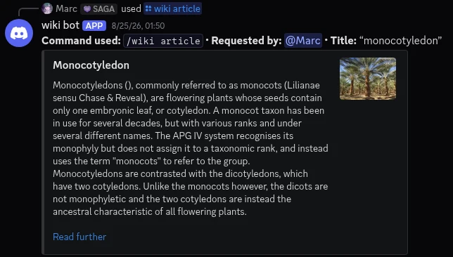 Discord message showing the Wikipedia Discord Bot returning an article summary for Monocotyledon.