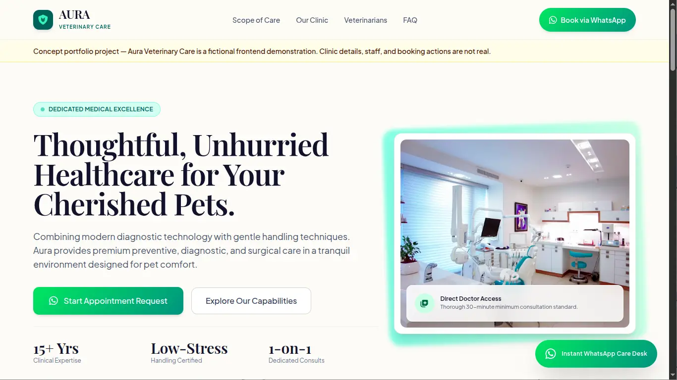 Aura Veterinary Care concept homepage showing its navigation, disclosure, veterinary-care hero, appointment actions, clinic image, and trust points.